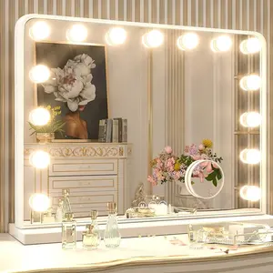 Keonjinn Large Vanity Mirror with Lights, 15 Replaceable Bulbs Hollywood Makeup Mirror with 2 Replacement Bulbs, 3-Color Lights, Aluminum Metal Frame, USB Charging Port, 23 "x 18" White Lighted Mirror-B09C3684DX