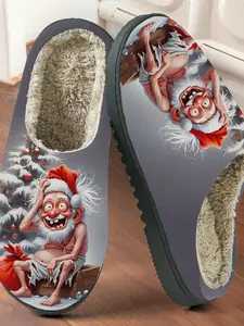 Funny Drunken Santa Claus Print Cotton Slippers, Anti-Slip Thick Sole, Warm Home Shoes for Men and Women, Fall & Winter Casual Style