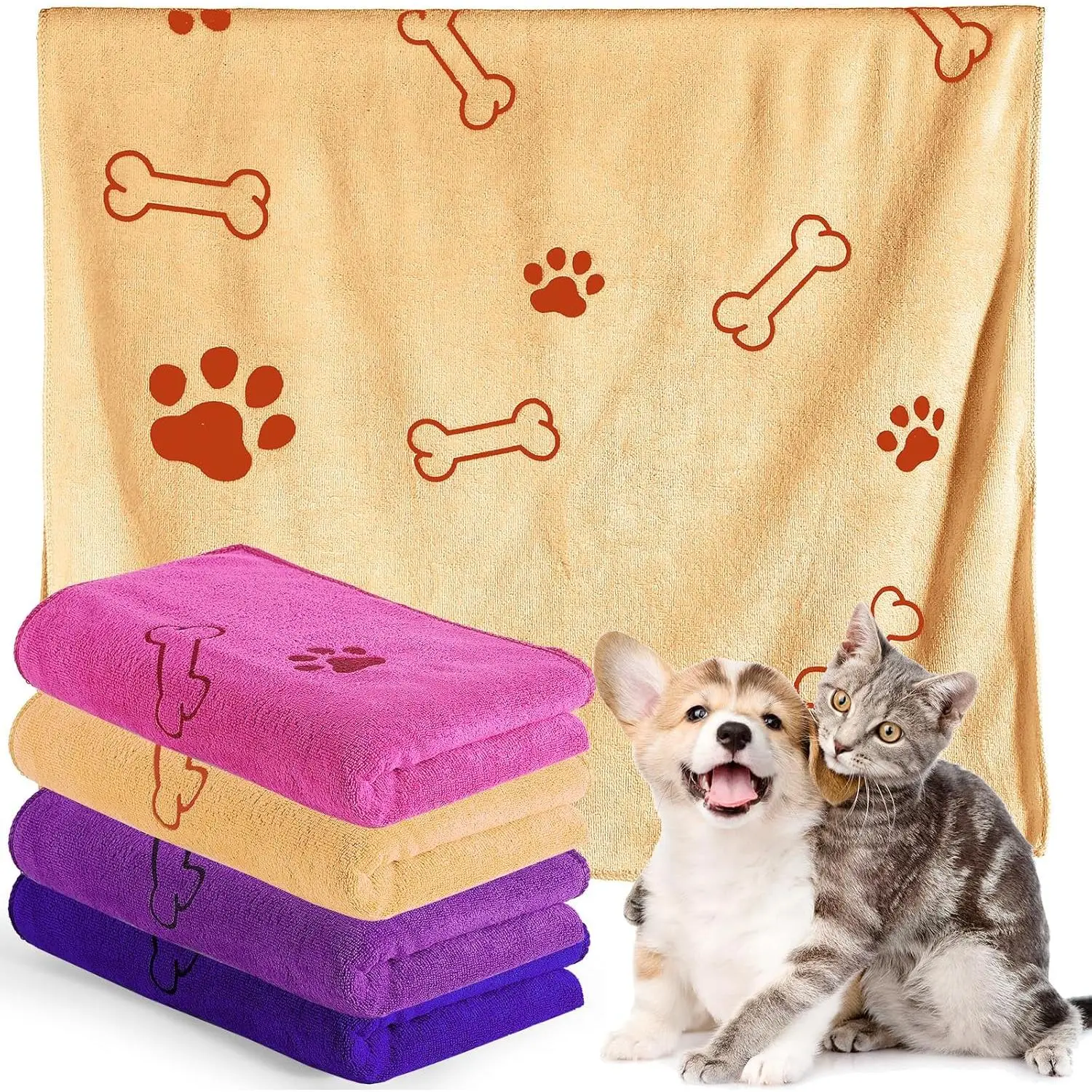 4 count  Towels for Drying  Puppy Bulk Microfiber Absorbent Paw Towel Pet Bathing Supplies Quick Drying for Medium Cats Pets Shower(24 x 40 Inch,Dark Purple,Purple,Pink,Yellow)