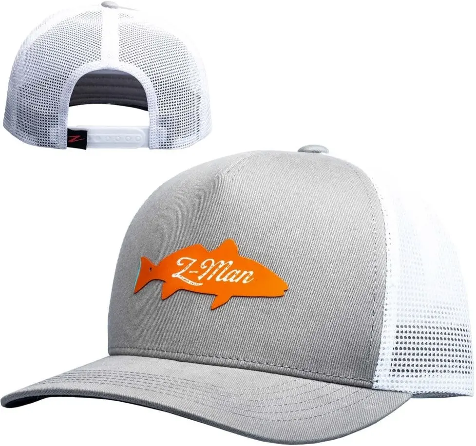 Z-Man Redfish Trucker Style Hat - Gray/White 2-Tone Outdoor Fishing Cap, Men's Snapback Hat for Fishing Sessions