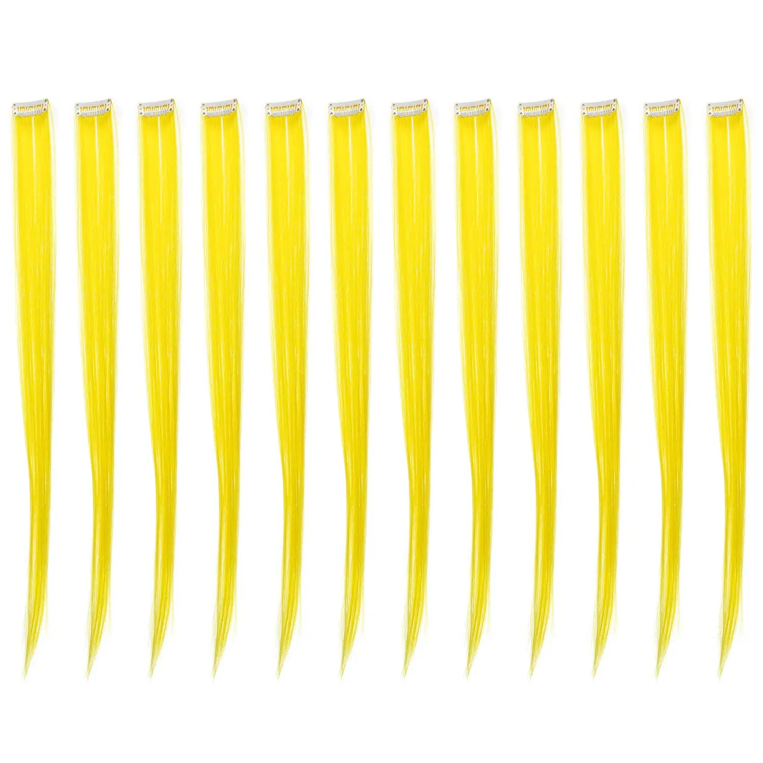 12 count Straight One Color Party Highlights Clip on in Hair Extensions Colored Hair Streak Synthetic Hairpieces (Yellow)