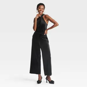 A New Day Women's Velvet Halter Neckline Jumpsuit with Side Pockets