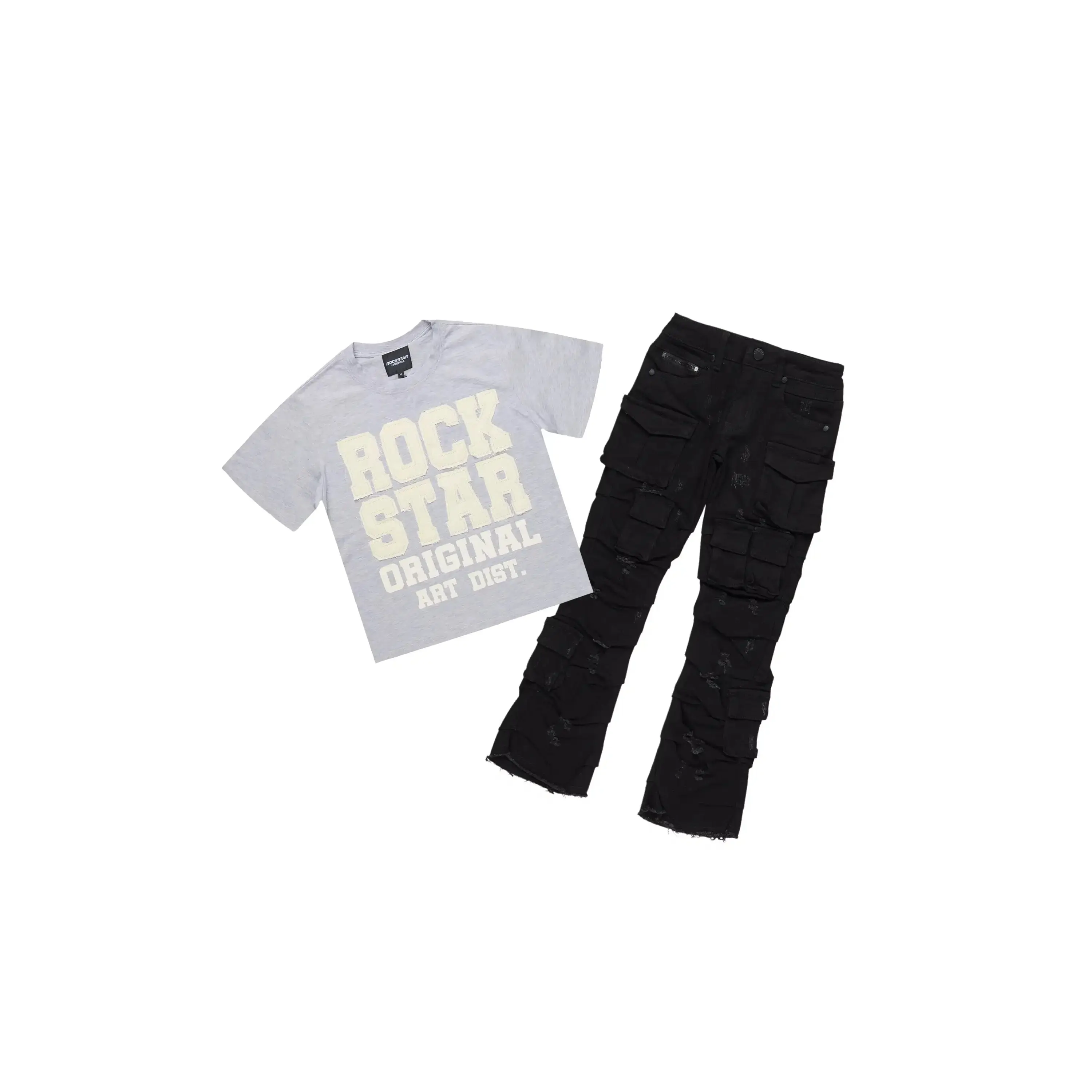 Girls Yulianna Grey/Black T-Shirt Stacked Jean Set