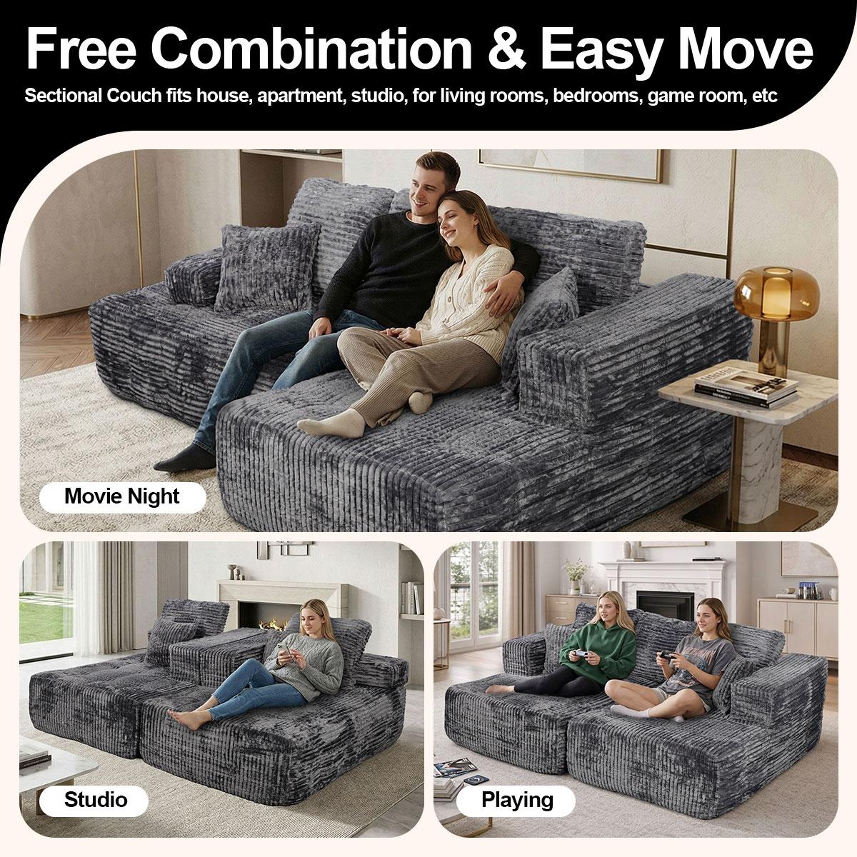 [2 packages shipped] 110 inch Corduroy fabric high-density sponge boneless sofa multiple combination methods ergonomic suitable for various scenarios compressed sofa No need to assemble segmented sofa kit, flexible configuration