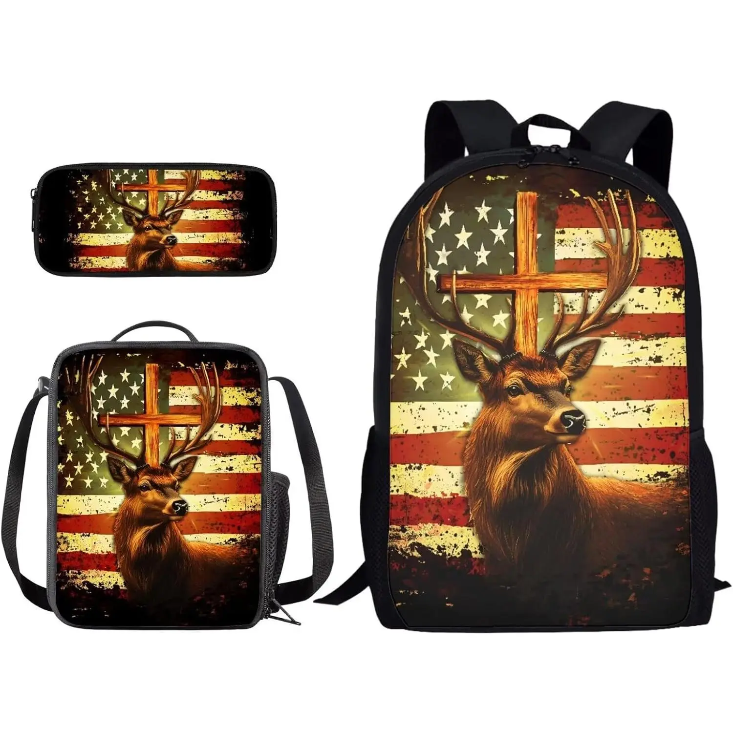 Patriotic Backpack Set for Teens, 3-Piece American Flag Print Durable Polyester with Lunch Box & Pencil Bag, Comfortable US Pride Back to School Haul, Us Pride / Nation Pride