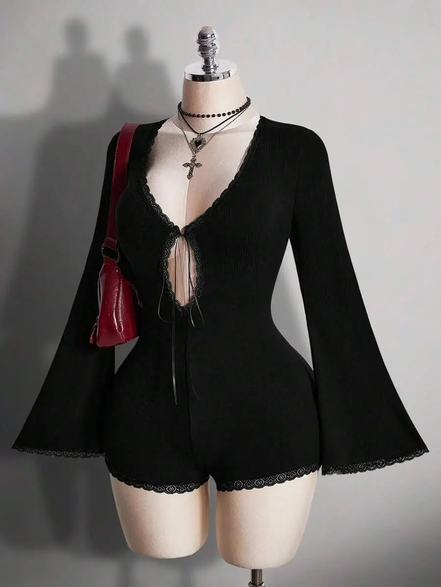 Women's Plus Size Autumn/Winter Black Goth Night Out Club Y2K Front Hollow-Out Lace Patchwork Flared Long Sleeve Knit Ribbed Slim Fit Jumpsuit Fall