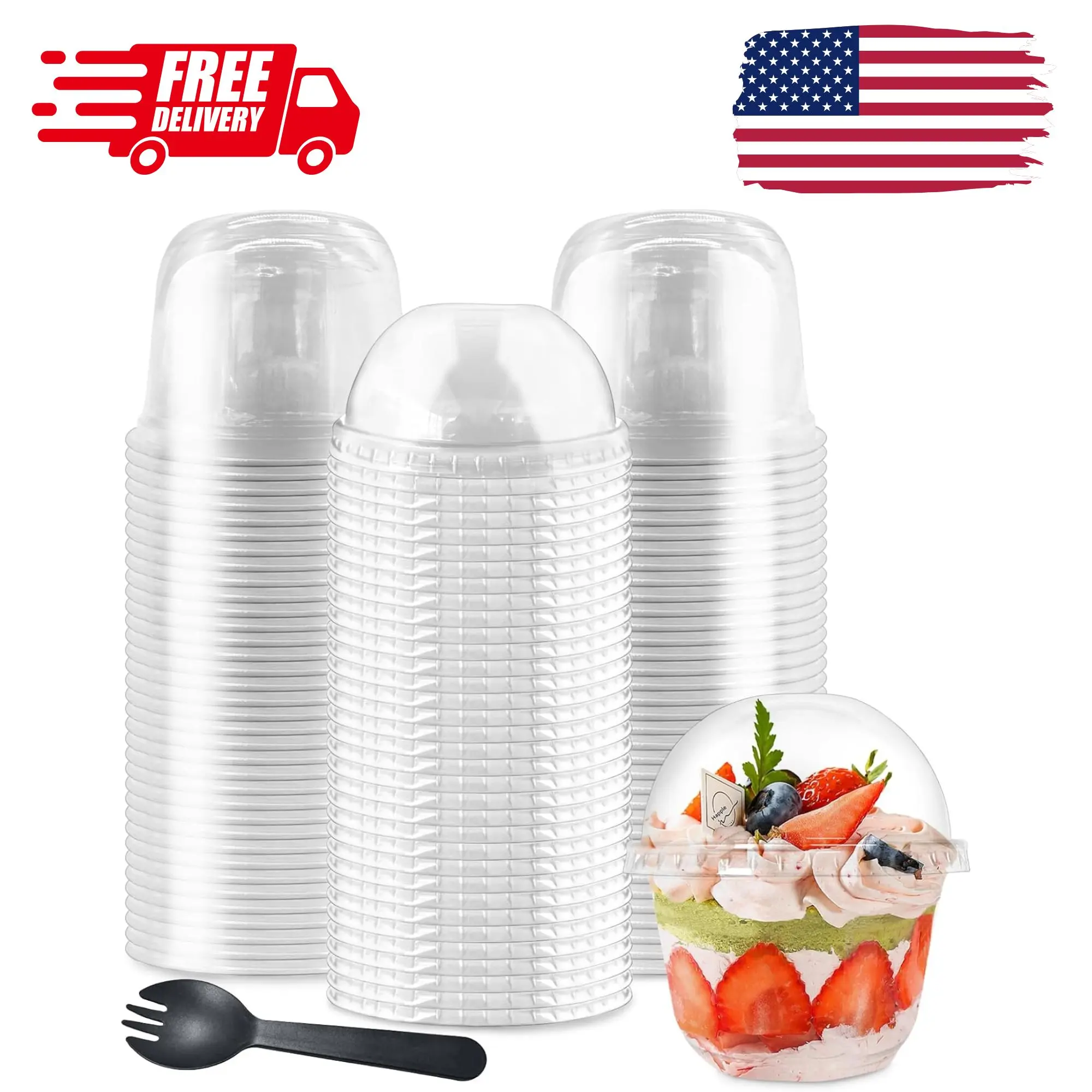 100Pcs 10oz Plastic Dessert Cups with Dome Lids,50Pcs Disposable Clear Parfait Party Cup(No Hole) and 50Pcs Sporks