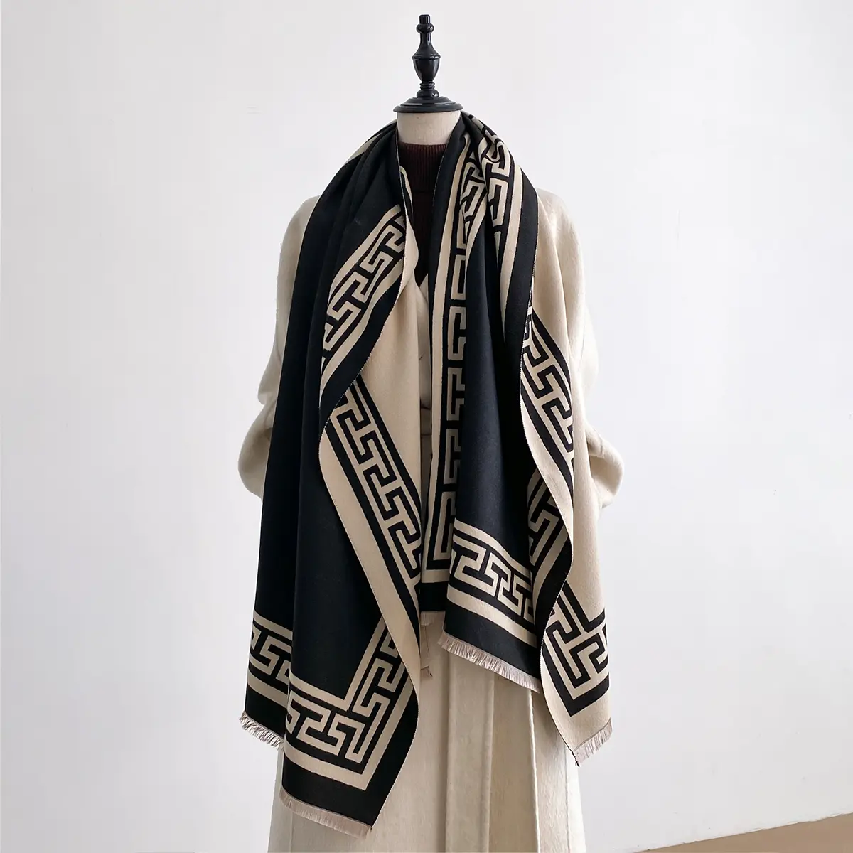 Classic Greek Key Border Cashmere-Like Scarf - Reversible Oversized Shawl with Scarf Style, Soft Warm Blanket for Fall Winter