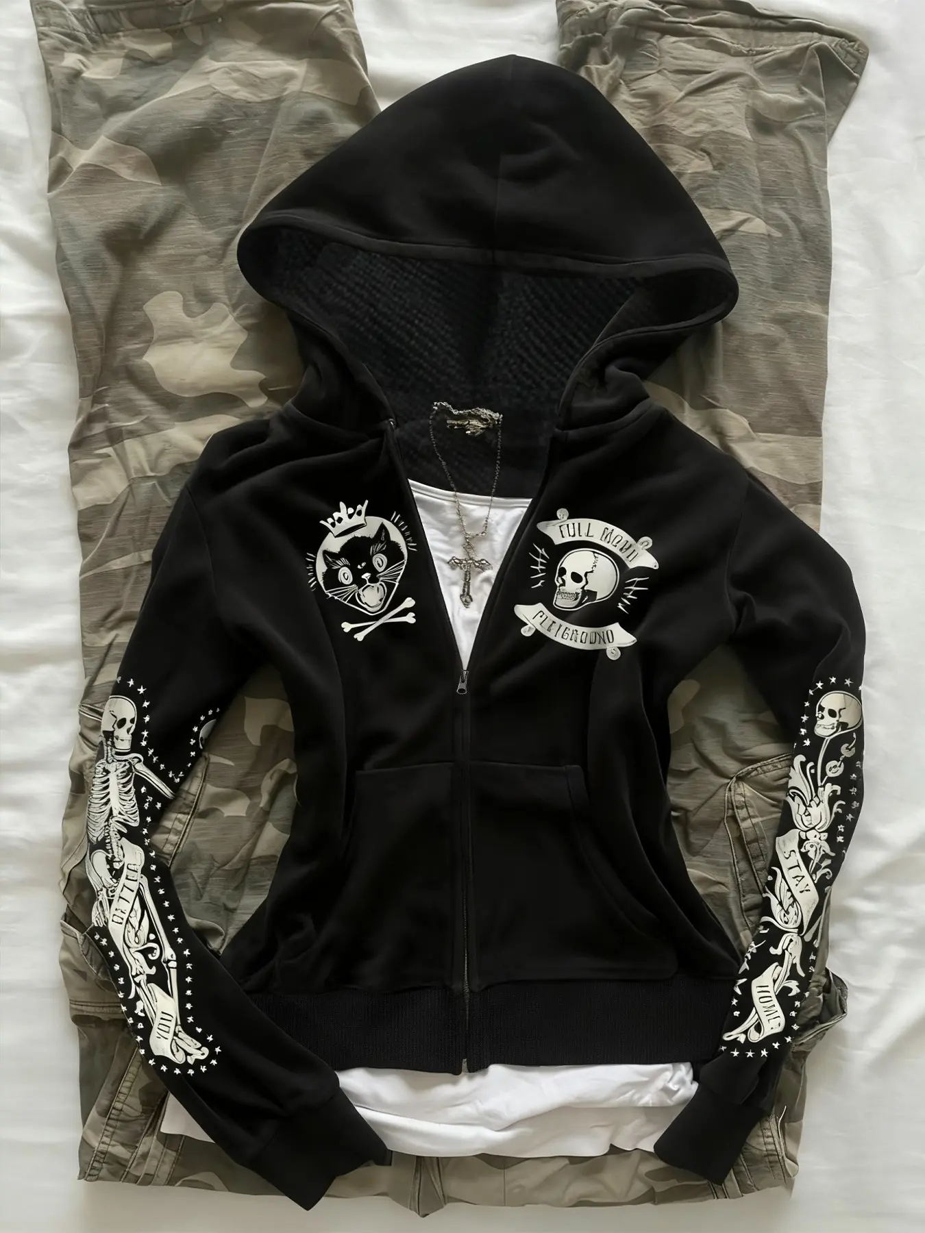 Women's Zipper Hooded Jacket, Campus Style, Simple Basic Design, Youthful Holiday Casual Fashion, Trendy Skull Print, All Seasons, Casual Streetwear Hoodie, Fashion Hoodies