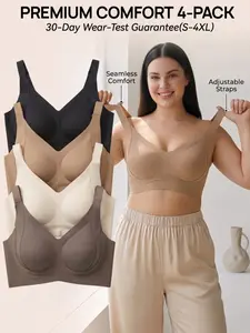 4-Pack Ribbed Seamless Wirefree Bra with Jelly Gel Support, Full Coverage 4-Row 4-Hook Lift Everyday T-Shirt Bralette for Women, Plus Size S-4XL