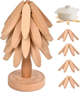 4 Piece Solid Wood Foldable Trivet Set Heat Resistant Wooden Pot Stand Kitchen Table Protector Prevents Heat Marks Space Saving Coasters for Hot Pans & Teapots Kitchen Essential