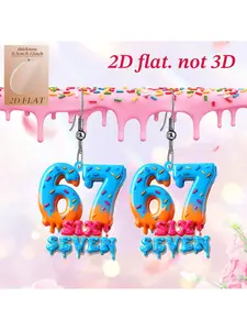 2D graphic design, a pair of acrylic earrings with size 67 and donuts - cute number 67, colorful party style, suitable for birthday and 67th anniversary celebration gifts, fun decoration