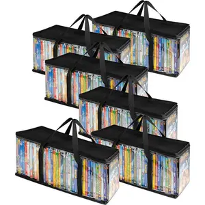 Stock Your Home DVD Storage Bags (Set of 6) Media Organizer Bag for DVDs, CDs, Blu Ray Disc, Movie Cases, VHS Box, Video Game Disks, Clear Plastic Holders with Carrying Handles and Zipper - Black
