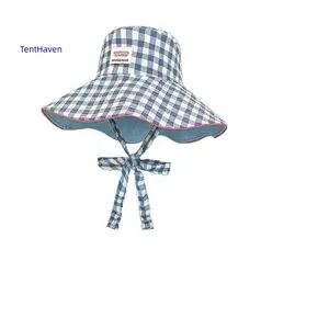 2026 Korean version ins grid wide border tied fisherman hat for women, summer big eave UV resistant double-sided sun protection hat, basin hat for students