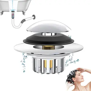 3 in 1 Metal Bathtub Drain Stopper, Universal Pop Up Tub Stopper, Bathtub Drain Hair Catcher, Removable Filter Basket, Drain Plug for 1.45''~1.81'' Drain, Brass Bullet Core