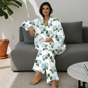 Women’s Hydrangea Bloom Blue Hydrangea Watercolor Flower Short Sleeve Satin Pajama Set, Long Sleeve Satin Pajama Set