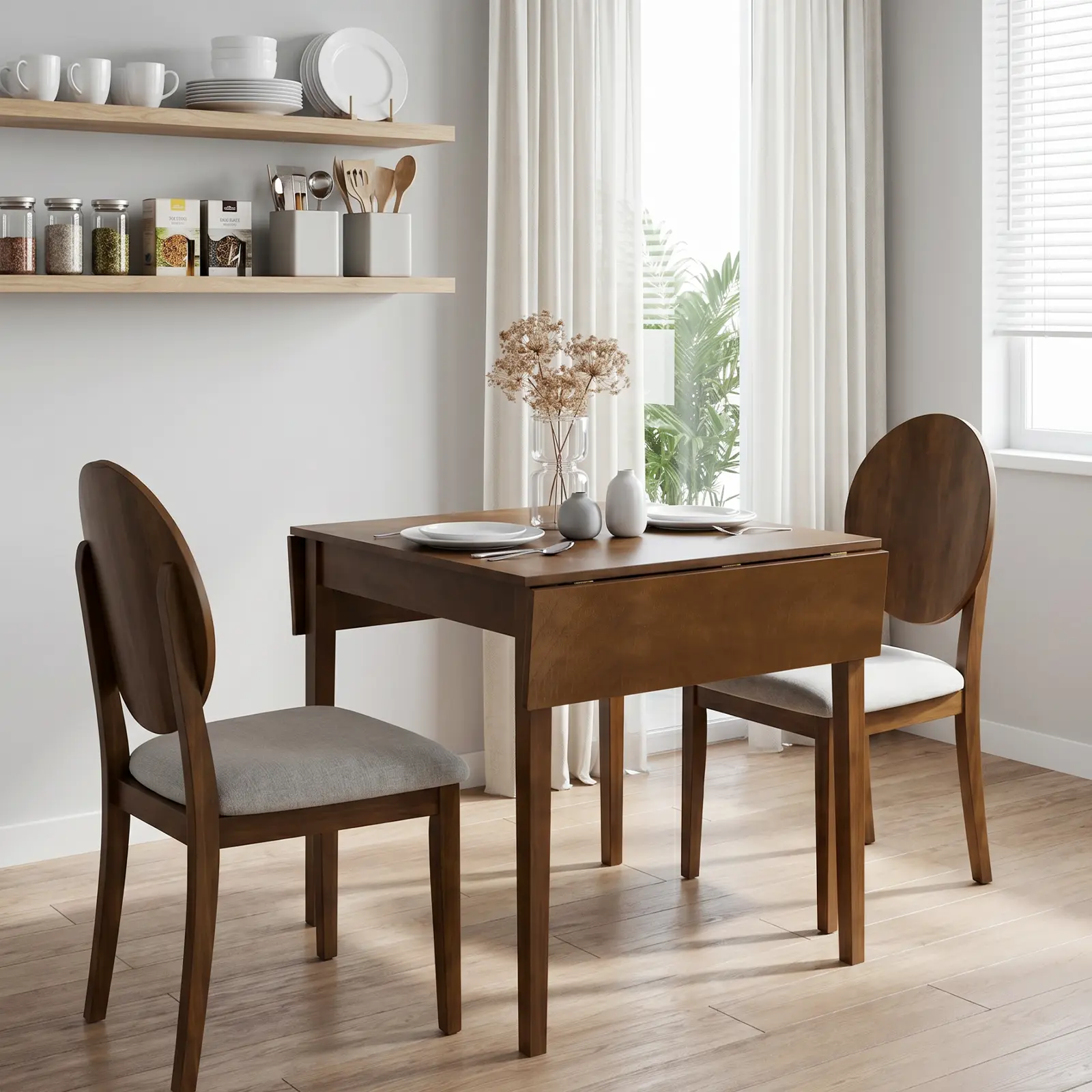47" Extendable Dining Table for 4, Farmhouse Drop Leaf Kitchen Table with Solid Wood Legs, Space-Saving Folding Design, Walnut Finish for Small Apartments, Living Room Dining Set