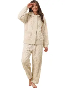 INSPIRE CHIC Womens Fluffy Fleece Pajama Set Soft Warm Pockets Button Down Long Sleeve Sleepwear Beige