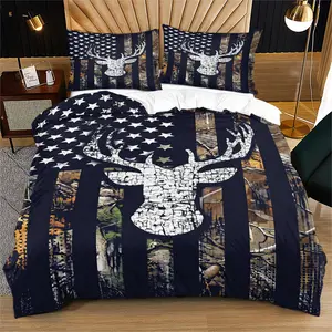 Deer Head and American Flag Print Modern Bedding Set, Perfect for Young Adults' Bedroom Decor, Includes 1 Fitted Sheet and 1 or 2 Pillowcases