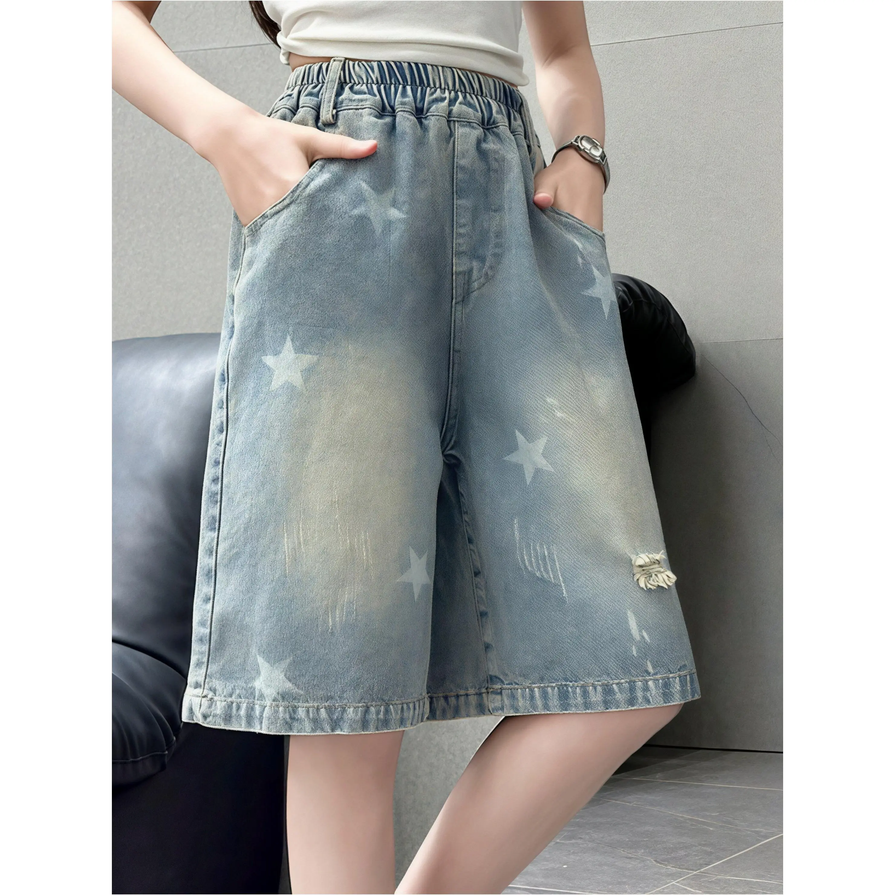 Girls' Denim Cutoff Shorts with Rolled Cuffs, Casual Summer Wear for Big Kids and Teens, Ages 7-16Y, 11 - 12 Years, Child Sized Girls' Shorts