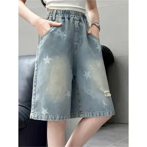 (New)Girls' Fashionable Denim Shorts, Summer Trend Imitation Denim Mid Pants with Star Print Holes, Elastic Waistband, Loose Design, Sweet And Cool Personality, Preferred Holiday Gift, Suitable for Daily Outdoor Wear
