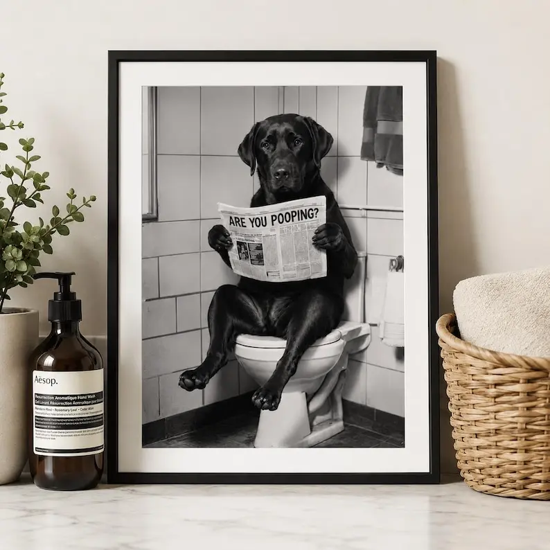 Funny Labrador Bathroom Print, Black Lab Dog Wall Art, Are You Pooping Poster, Humorous Dog Bathroom Decor, Black and White Pet Print