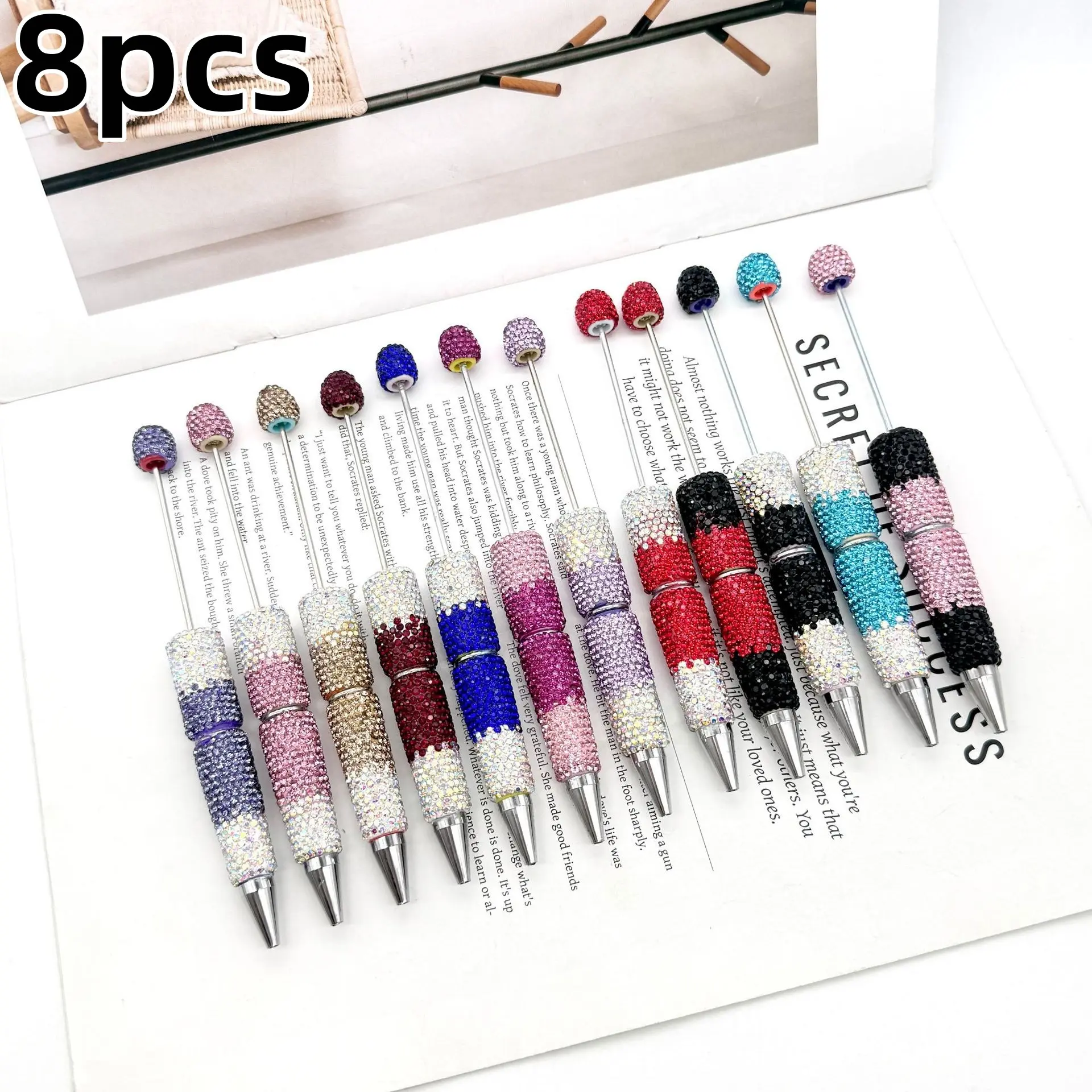 8-Pack Gradient Diamond Bead Pens, Office Writing Supplies, Holiday Party Favors, DIY Craft Round Ballpoint Pens, School Stationery, Versatile Use, Aesthetic Pens, Beaded Pens