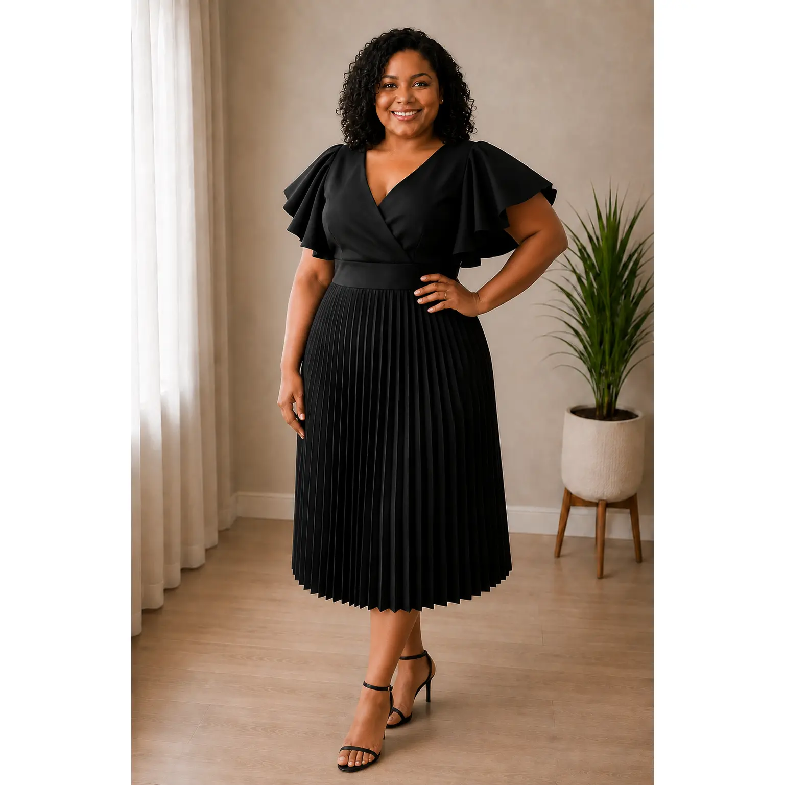Divine Grace Black Pleated Flutter Sleeve Midi Dress