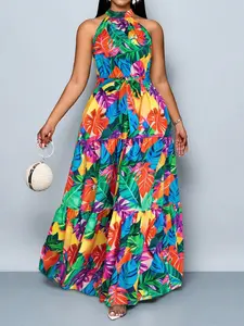 Summer Casual Vacation Style Women's Plant Print Plus Size Dress, Sleeveless Halter Neck Loose-Fitting Long Dress, Fashionable High Waist A-Line Dress