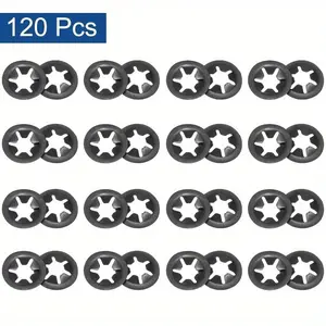 120 PCS M6 Internal Tooth Press-In Washers - 65Mn Steel Black Oxidation Treatment, Star Design, Stable Locking, Shock Absorption Anti-Slip - Industrial Machinery, Automotive Bearing Accessories Five-Point Washers wall anchor