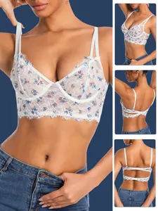 Holiday Season Ultrathin Bra Bridal lingerie Sexy Backless Bra Top Beautiful Back Lace Bralette Eyelash Lace Brassiere Women Thin Underwire Push Up Bralette French Soft Mesh Top Underwear Wedding White Bra Flower print Lace Lingerie