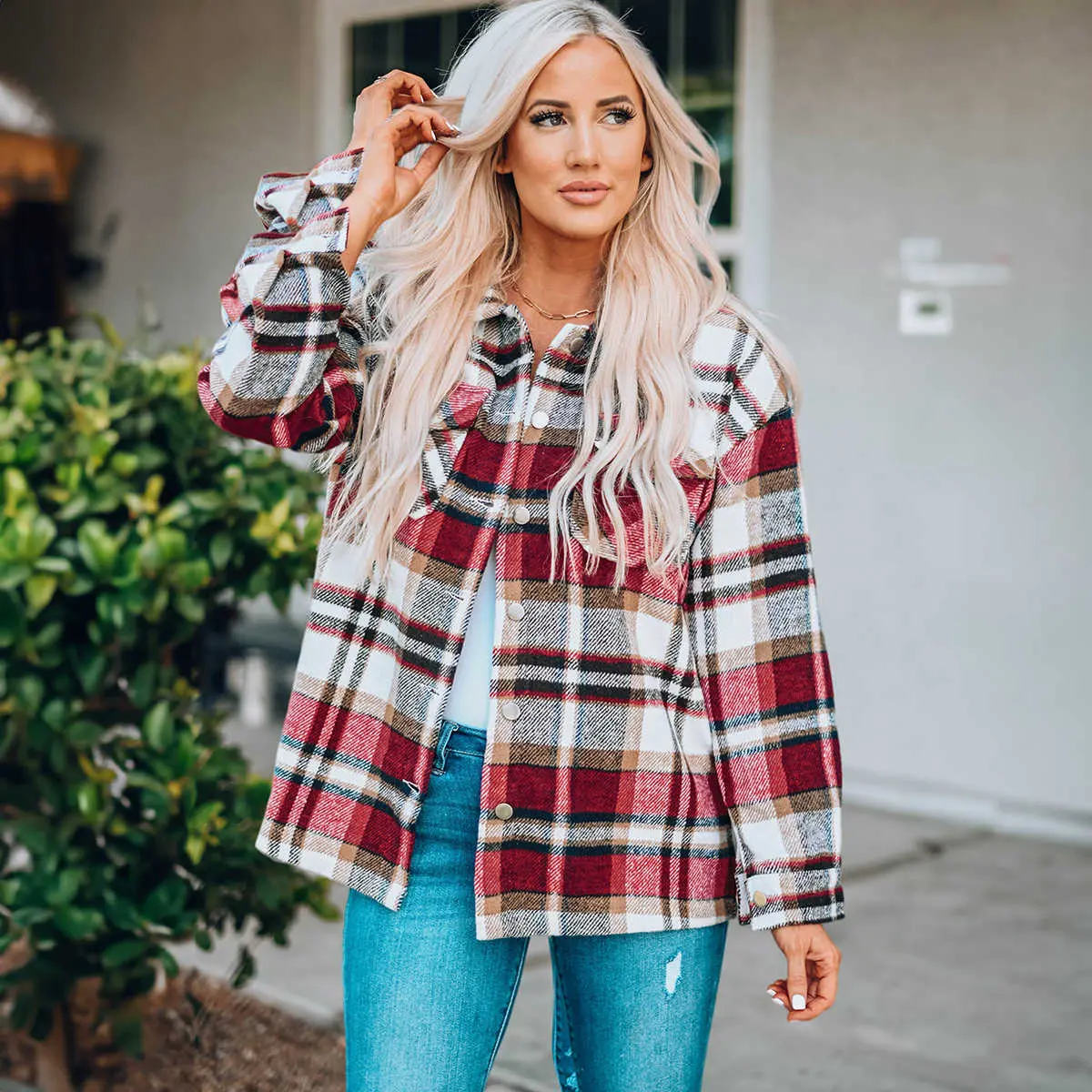 Fiery Red Geometric Plaid Print Pocketed Shacket