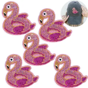 5Pcs Sequins Flamingo Iron on Patches Pink Embroidery Applique Clothing Shiny Decoration Sew on DIY Accessories for Hats Jeans Jackets Bags