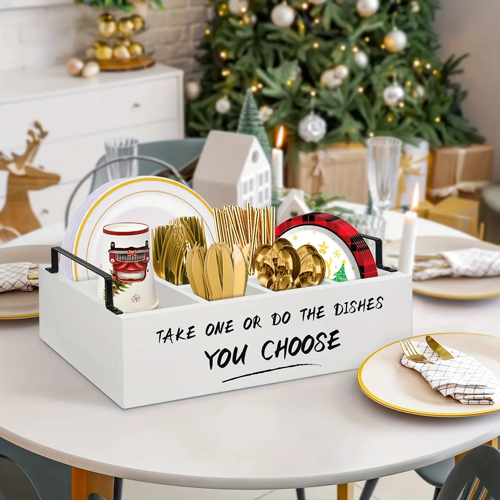 Wood Paper Plate Holders for Kitchen Counter, Paper Plate Dispenser for Countertop, Rustic Silverware Utensil Caddy for Party, Wooden Plate Organizer Box for Cups Spoons And Forks, Plastic Utensil Dispenser