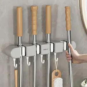 1pc Plastic Mop Hanging Rack With Clips & Hooks, Punch-free Broom Rack Hook, Wall-mounted Mop Rack, Household Storage Organizer For Kitchen, Bedroom, Bathroom, Office, Desk, Adjustable Hooks Hanger