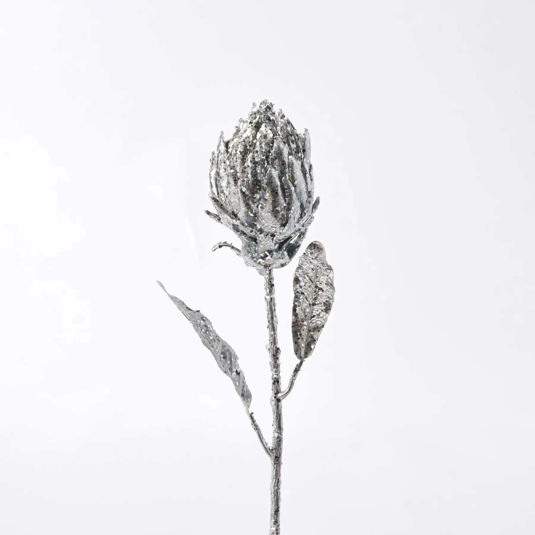 27" Metallic Silver Glittered Protea Stem Spray, Decorative Floral Stem for Home Decor, Room Accents