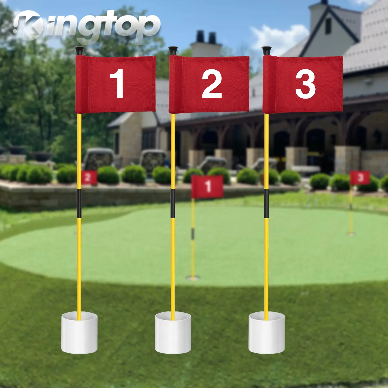 KINGTOP 3-Pack Mini Golf Flagsticks, 3ft Portable 2-Section Pins with 420D Nylon Checkered & Numbered Flags for Family Backyard Putting, Resists Fading Outdoors, 420D Nylon Resists Fading Outdoors, Golfer Gift, Base, Vibrant