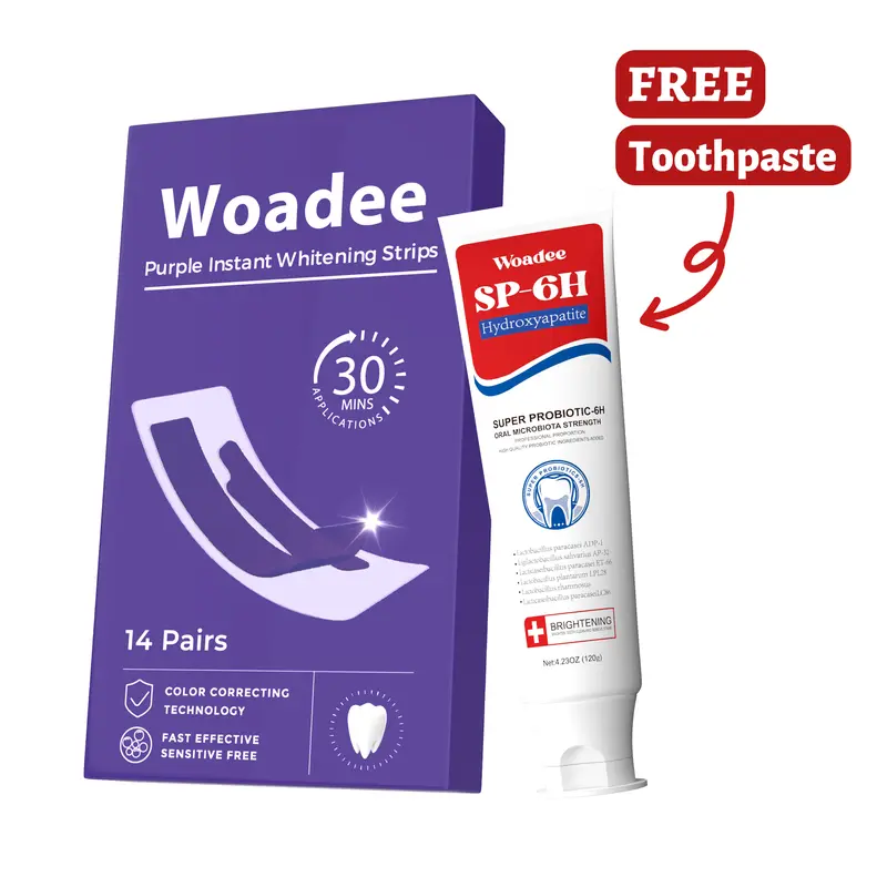 Woadee Whitening Strips, Purple Colour-Correcting Teeth Brightening Strips, Gentle Stain Removal & Whitening Care