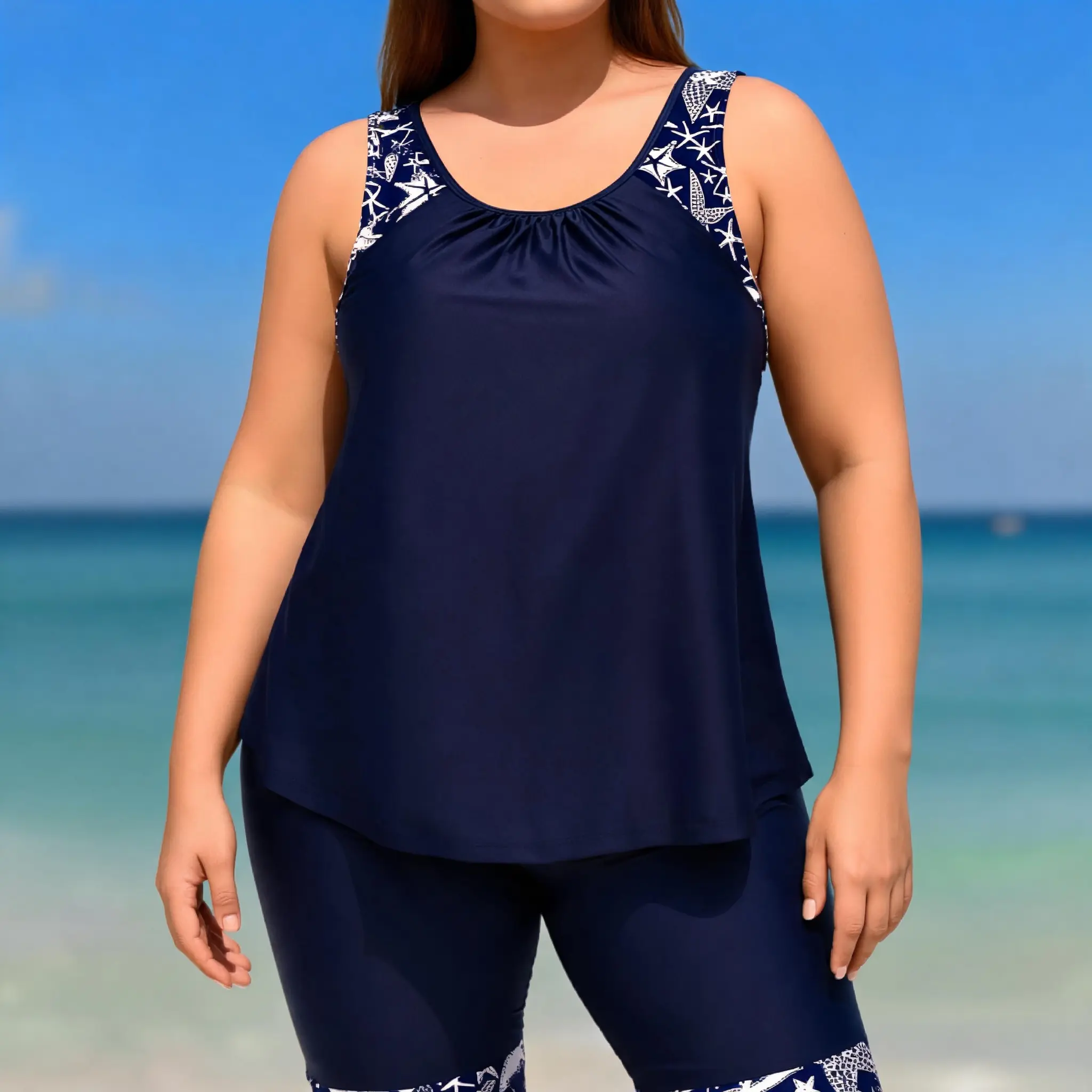 Chlorine Resistant UPF50+ Quick Dry 220GSM Nylon Spandex Double Lined Seamless Stitching Wide Non-Slip Strap Loose Flow Tank Tummy Concealing Starfish Contrast Print Knee Length Capri Plus Size Modest Two Piece Active Tankini Swim Set