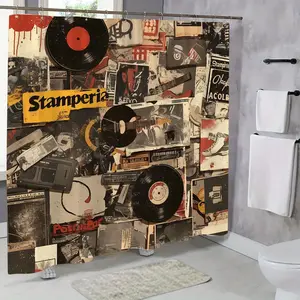2D Flat 1Pc Vintage Music Theme Shower Curtain, featuring patterns of vintage vinyl records and cassette tapes with a distressed texture, is perfect for nostalgic decor. It comes with 12 hooks, measures 71inch x 71inch inches, is machine washable, and is