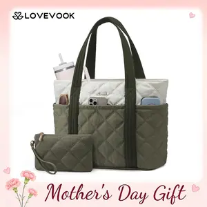 【Mother's Day Gift】LOVEVOOK Large Capacity Puffer Tote Bag for Women,with Multiple Compartments and a Cup Holder,Stylish Quilted Travel Shoulder Bag,Lightweight and Comfortable,Suitable for Various Occasions