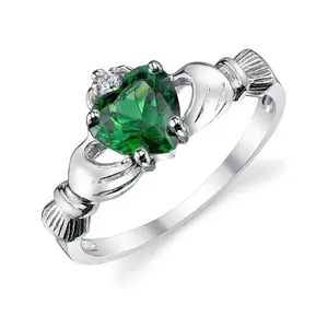 Women's Sterling Silver 925 Irish Claddagh Friendship Love Ring Simulated Emerald Green Heart Cubic Zirconia