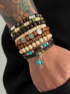 9 Piece Boho Vintage Multi-Layer Stackable Bracelet Set, Turquoise Acrylic Beads, Men's Wooden Bead Chain, Travel Vacation, Music Festival Style, Bohemian Aesthetic