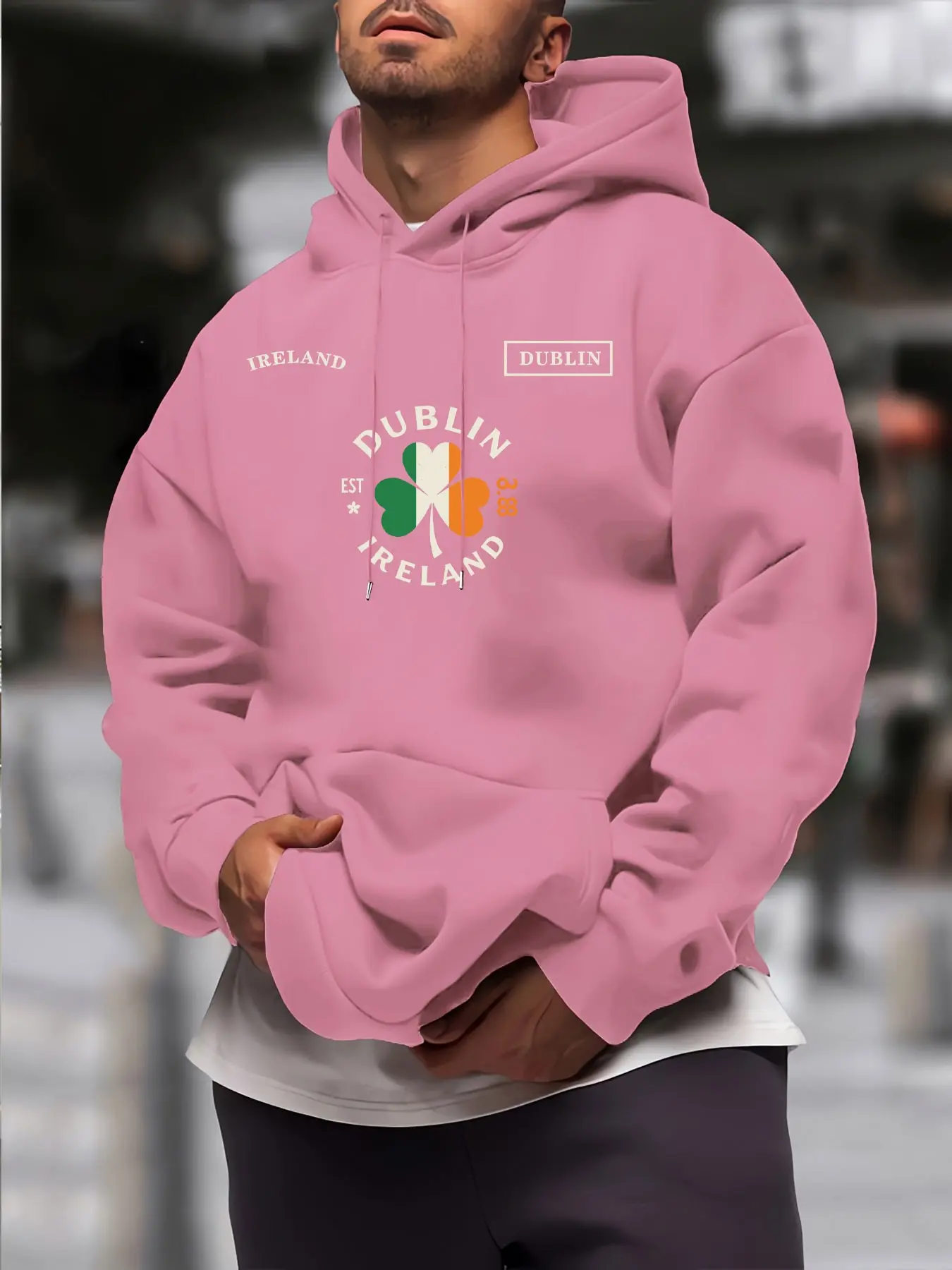 Unisex Loose Fit Shoulder Drop Design, Irish Flag Color Four-Leaf Clover Badge, Dublin Ireland Vintage Style, Warm Fleece Fabric