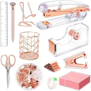Rose Gold Office Supplies & Accessories-Acrylic Stapler, Staple Remover, Tape Holder, Ballpoint Pen, Scissors, Binder Clips, Staples, Phone Holder, Ruler, Transparent Glue and 300 Notes
