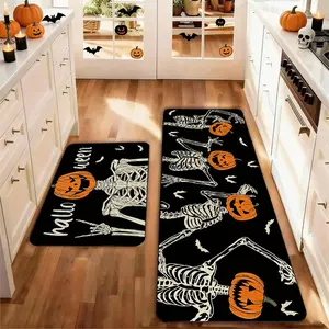 Set of 2 Halloween Kitchen Mat Set, Pumpkin Skull Design, Non-Slip Low Height, Party Floor Pad, Home Kitchen Decoration, 2 Piece