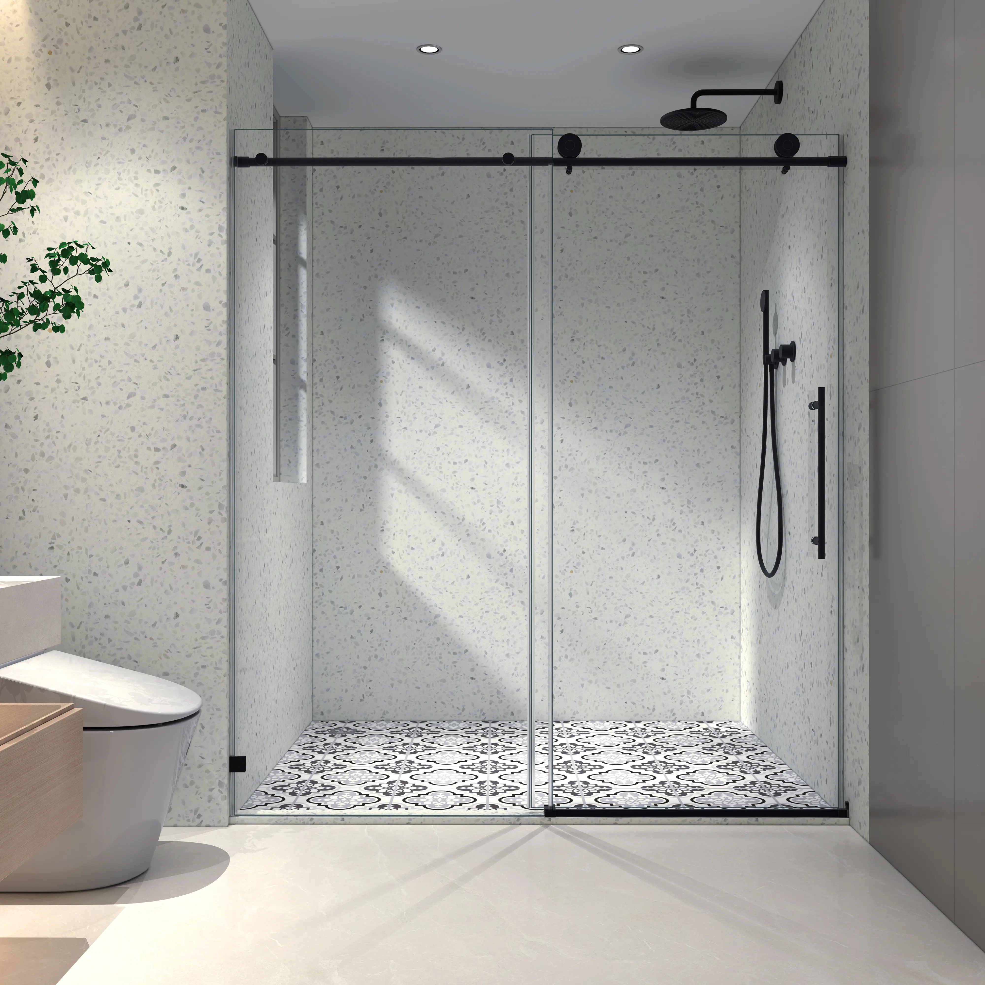 60" W x 76" H Matte Black Frameless Sliding Shower Door – One Fixed & One Sliding Panel, 70mm 304 Stainless Steel Rollers with Adjustable Soft-Close, Nano Easy-Clean Coating, Built-in Explosion-Proof Safety Film, Rust-Resistant