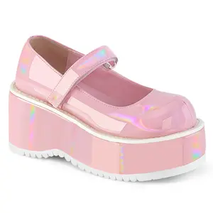Demonia Dollie-01 Baby Pink Holo Patent Platforms