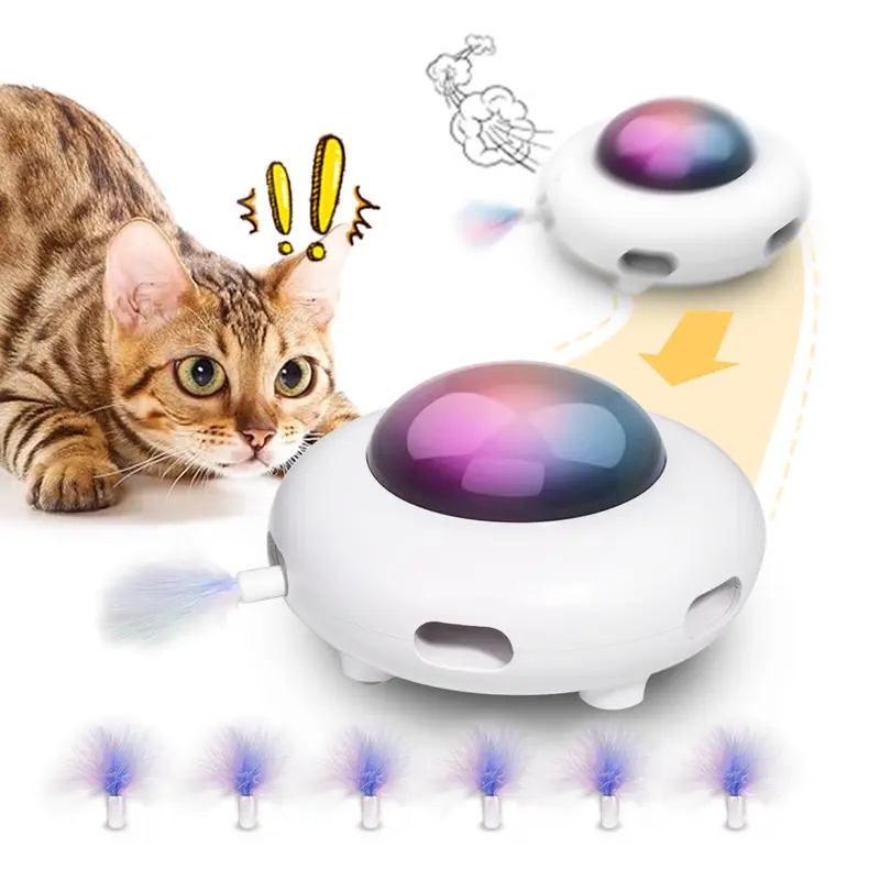 Moving UFO Interactive Cat Toy - USB Rechargeable Plastic Toy with 5 Extra Durable Feathers, Feather Release, Colorful LED Chase Flash, Low/Med/High Speeds, Standby Mode, Tap-to-Play Control, 6 Holes, Hair Removal, Universal Fit Indoor Cat Accessory