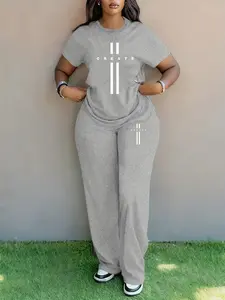Women's Spring Summer Plus Size Fashion Letter Print Round Neck Short Sleeve Fitted Pockets T-Shirt & Wide Leg Pants Two-Piece Set